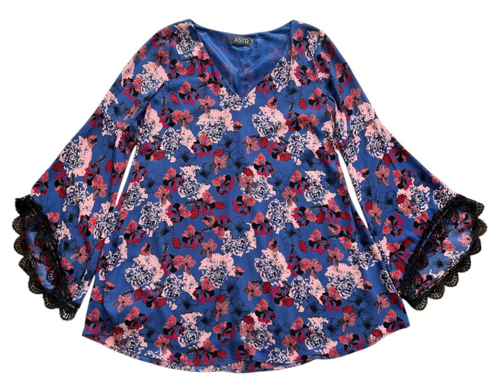 ASTR Dress Womens Small Blue Floral Mini V Neck Bell Sleeve Lace Trim Lined Boho